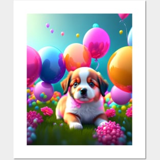 Cute Puppy with balloons Posters and Art